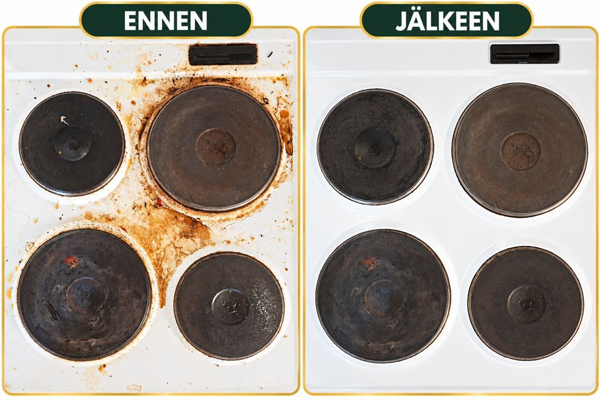 Liesitaso ennen ja jälkeen siivouksen