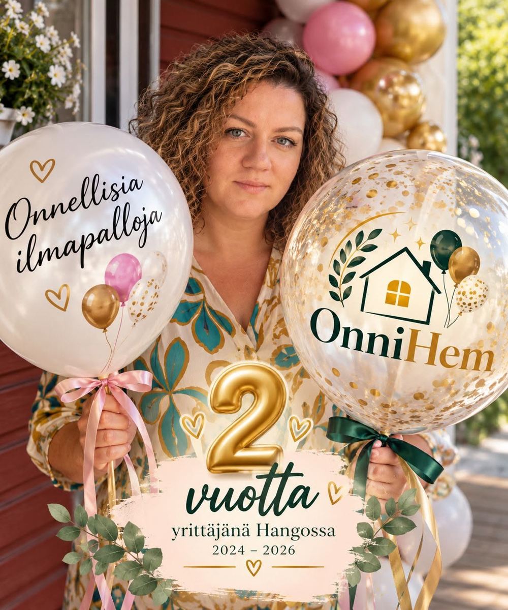 OnniHemin yrittäjä pitelee OnniHem-palloja, 2 vuotta yrittäjänä Hangossa